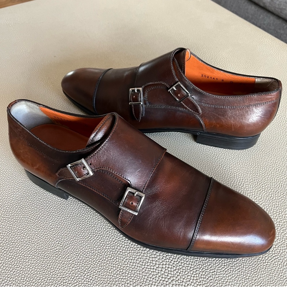 Santoni Double Monk Strap Brown Calfskin Leather Cap-Toe  9.5 (fits 10)